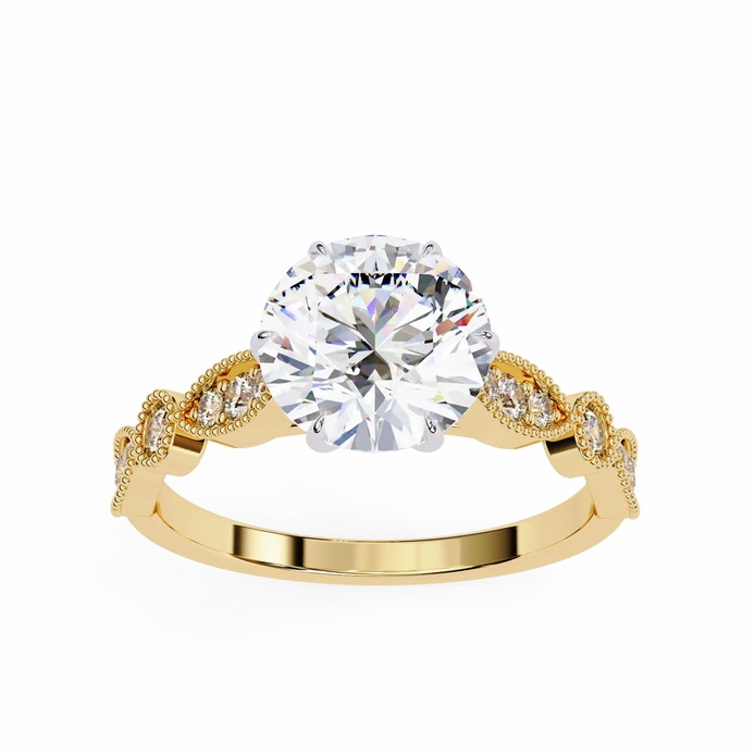 Gold ring with a large diamond and smaller diamonds on the band against a white background