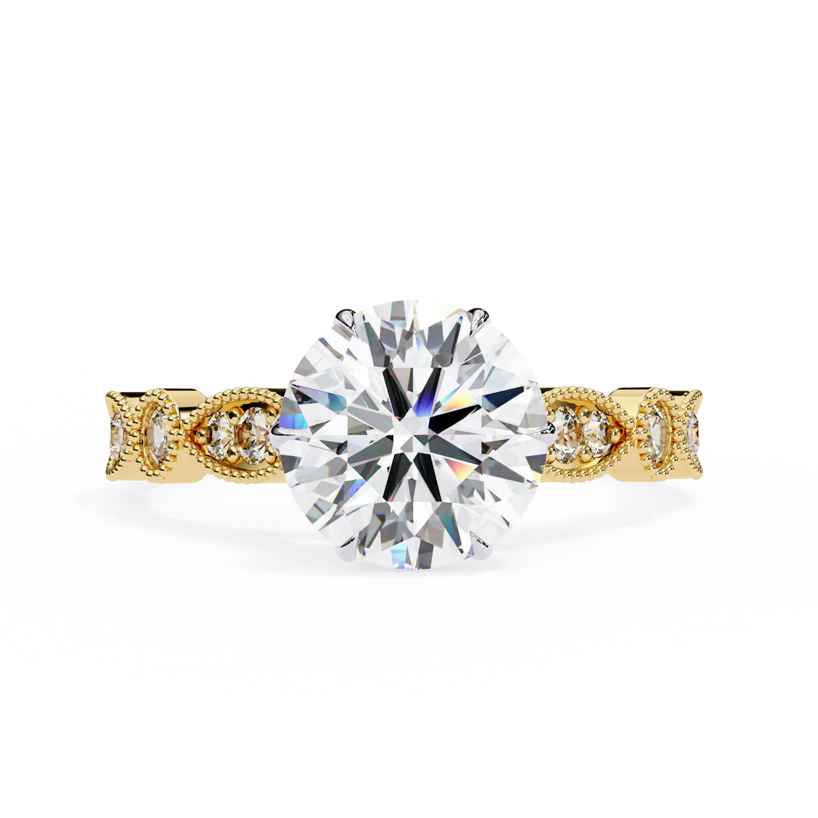 Gold ring with a large diamond and smaller diamonds on the band against a white background