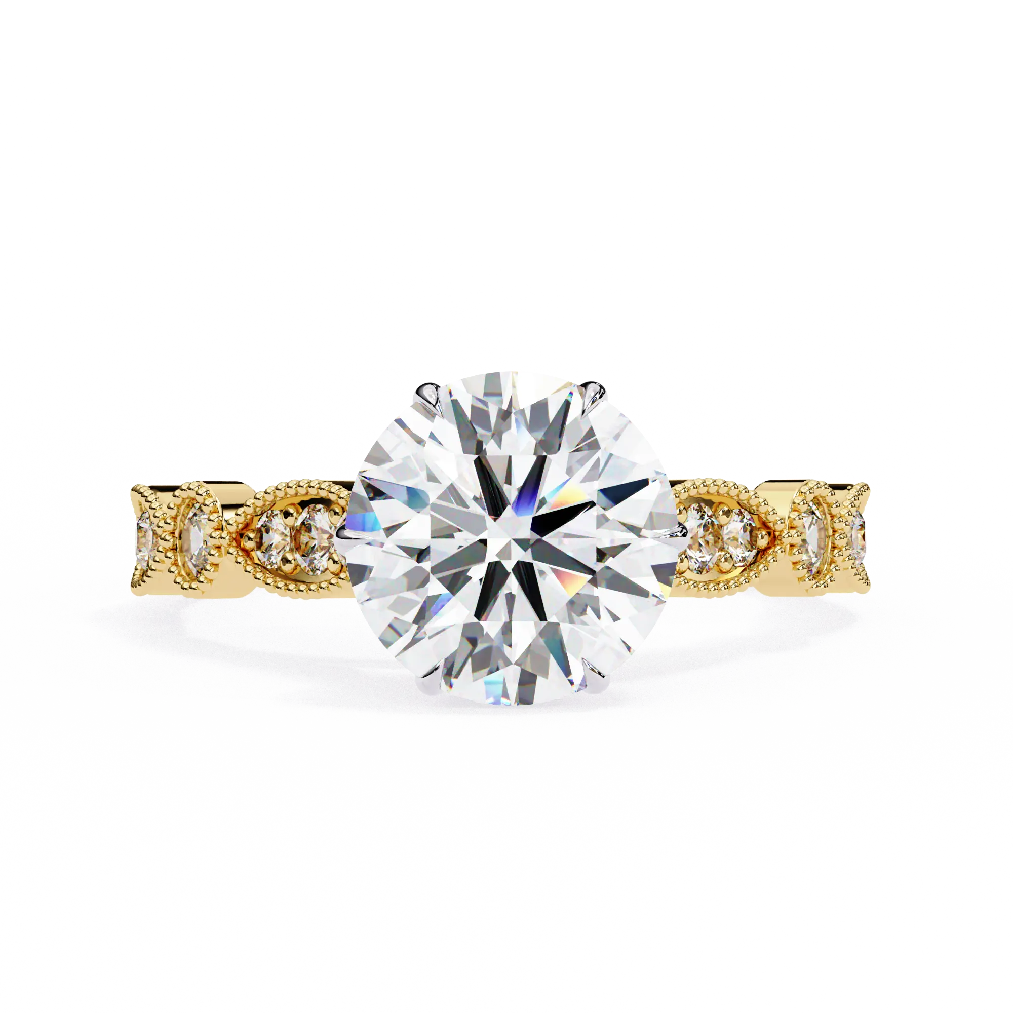 Gold ring with a large diamond and smaller diamonds on the band against a white background