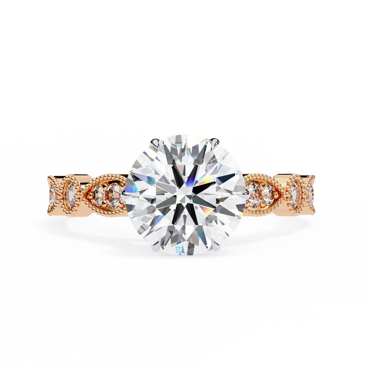 Rose gold ring with a large diamond and smaller diamonds on the band against a white background
