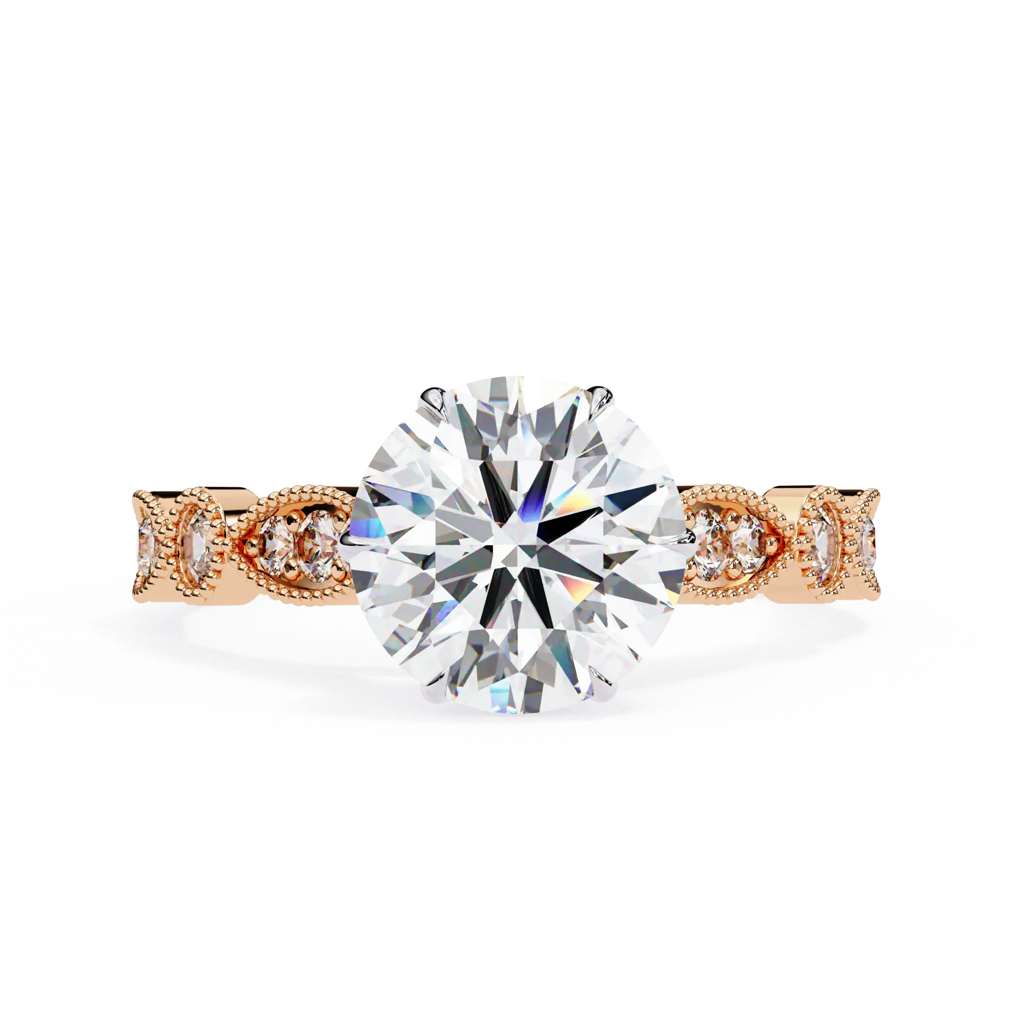 Rose gold ring with a large diamond and smaller diamonds on the band against a white background