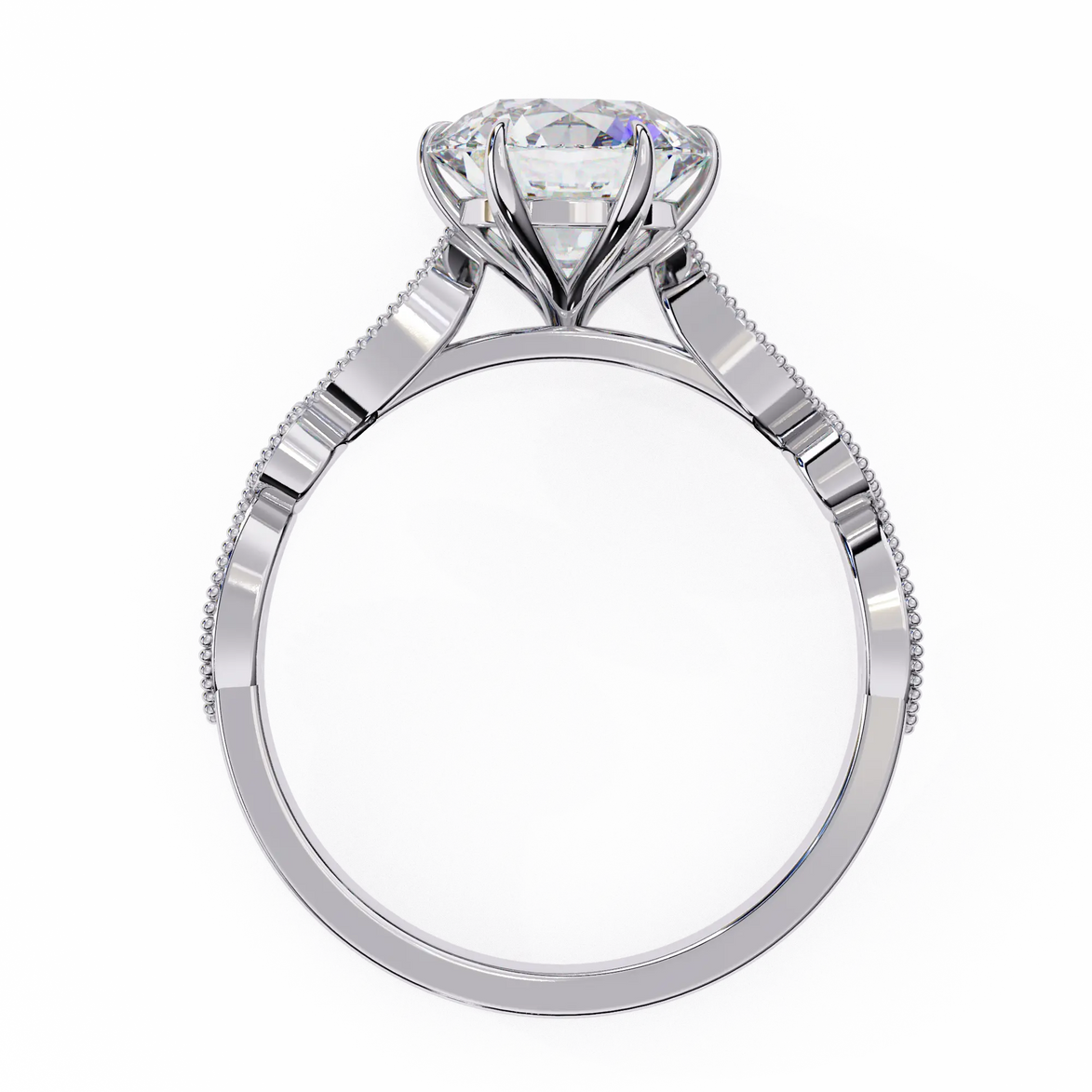 Diamond ring with a white gold band on a white background