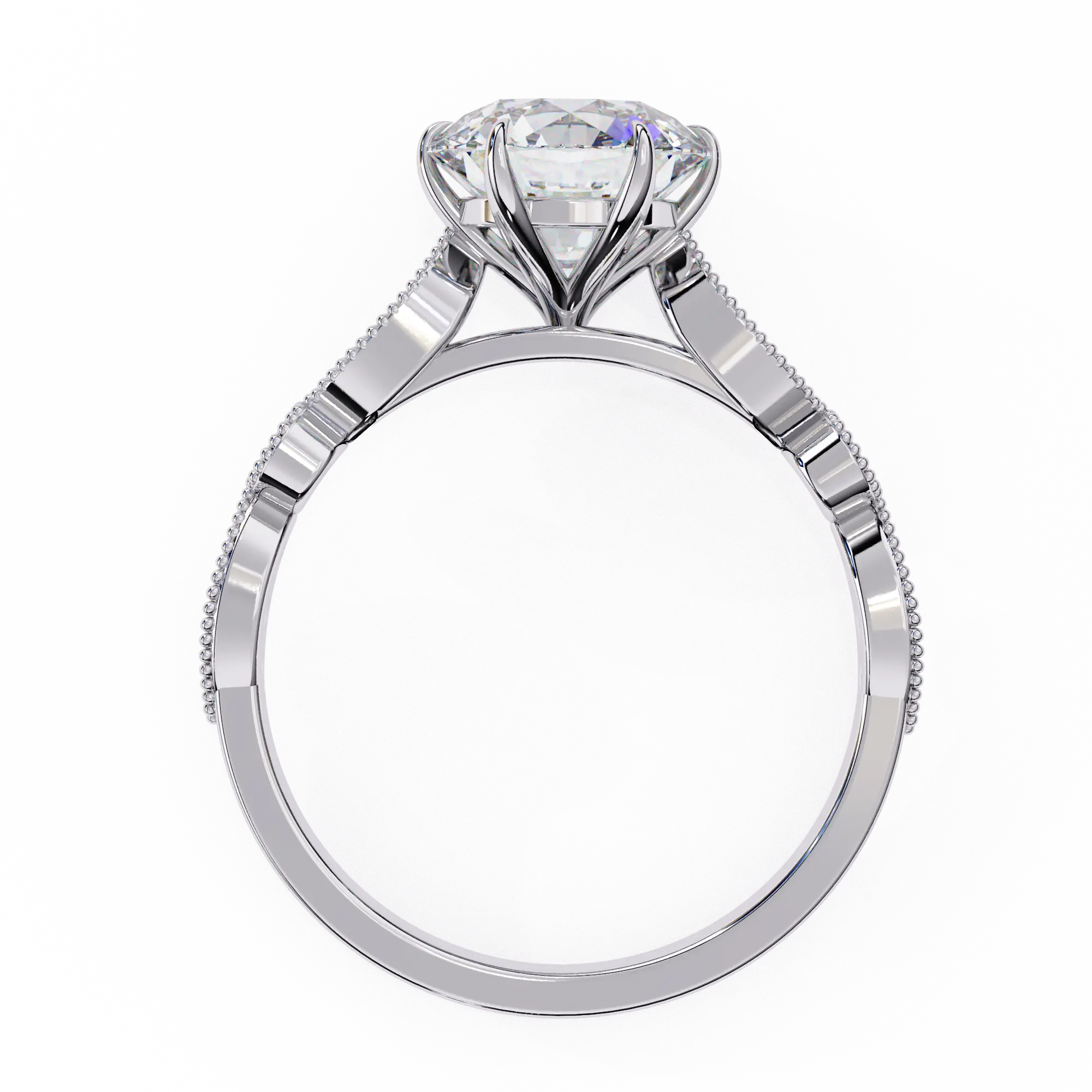 Diamond ring with a white gold band on a white background