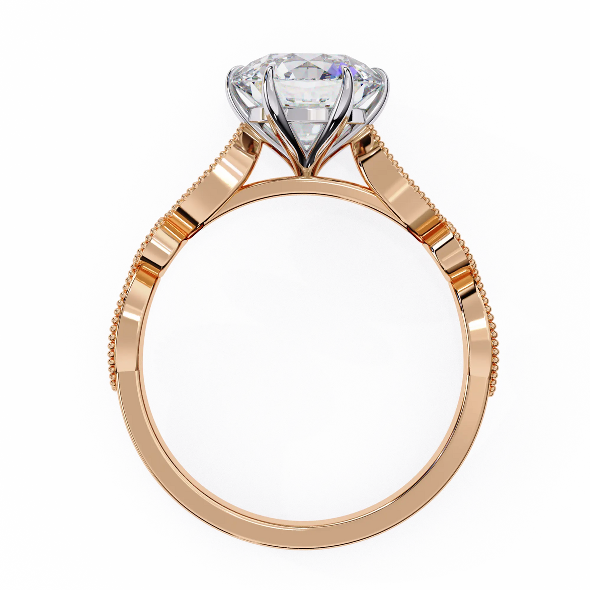 Rose gold ring with a diamond on a white background
