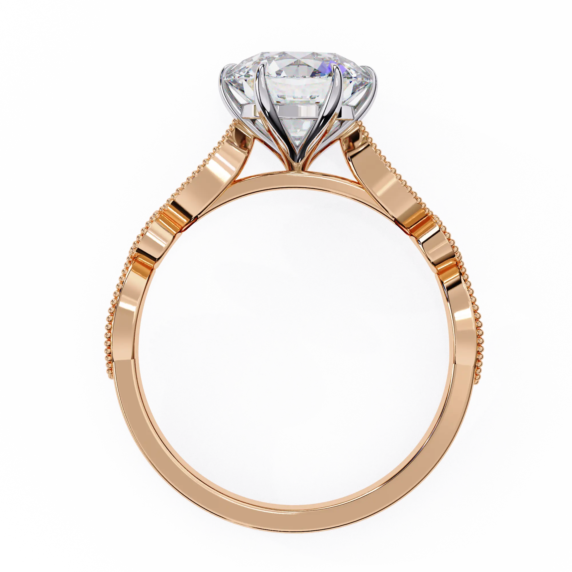 Rose gold ring with a diamond on a white background