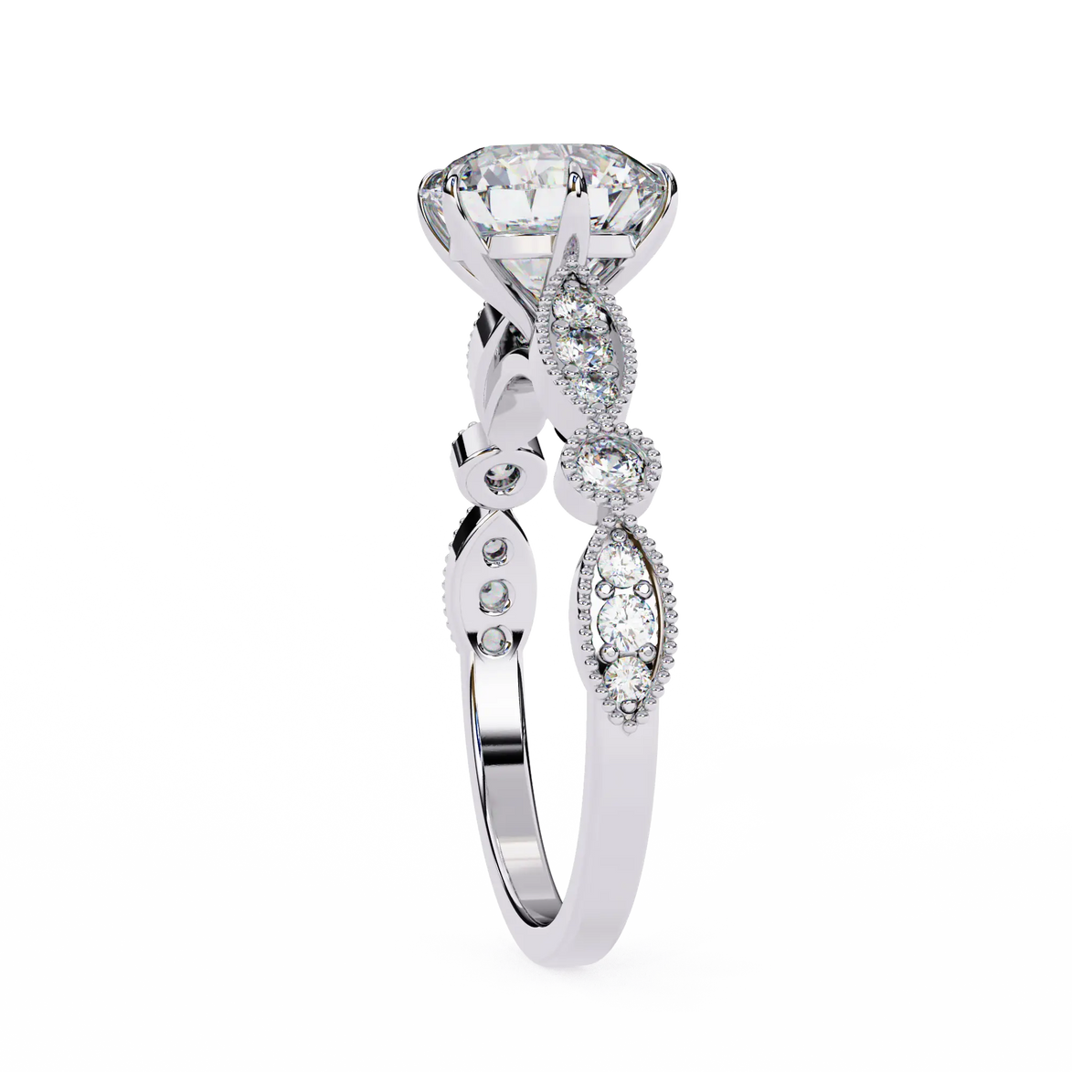 Silver ring with diamond accents on a white background