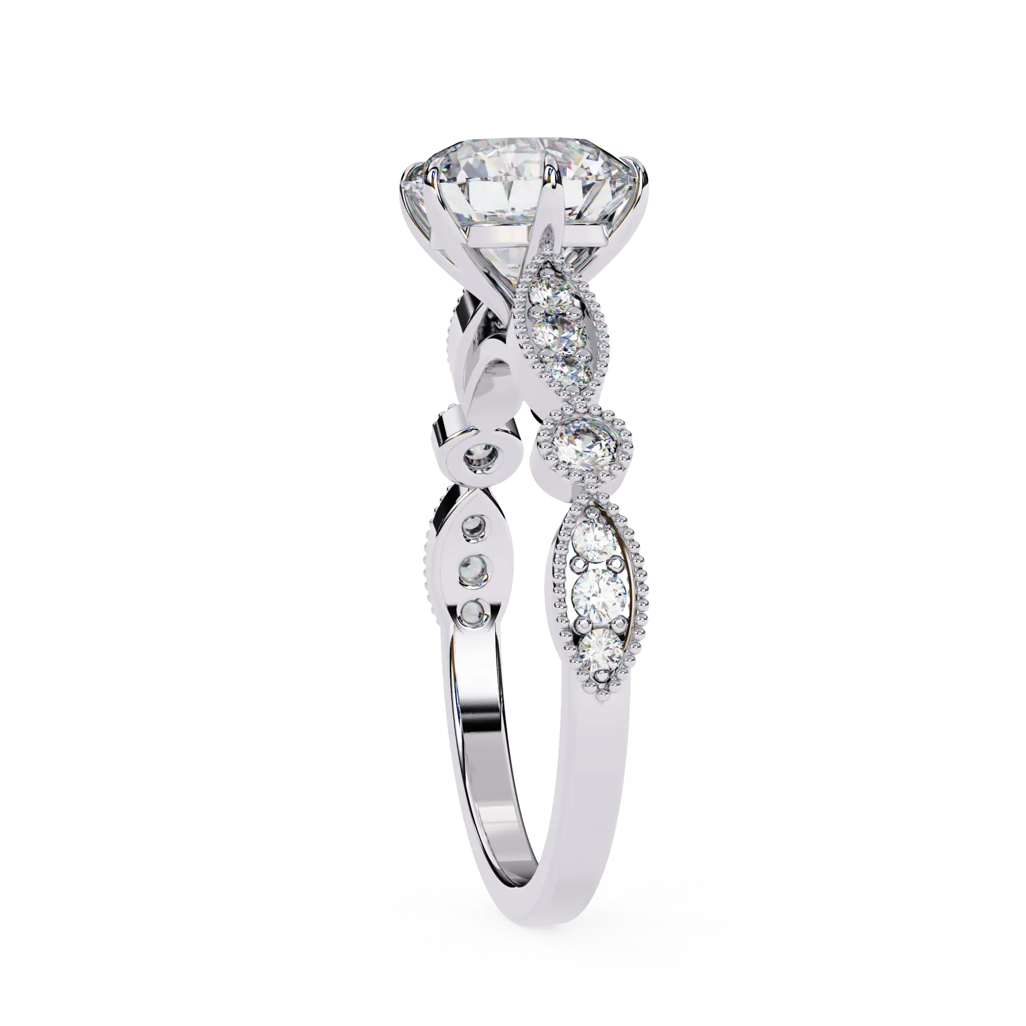 Silver ring with diamond accents on a white background