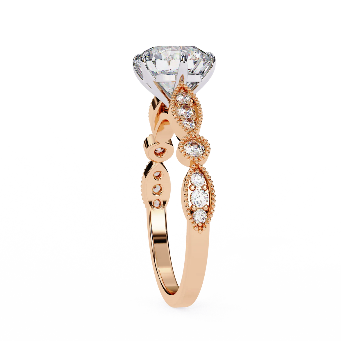 Rose gold ring with a large diamond and smaller diamonds on a white background