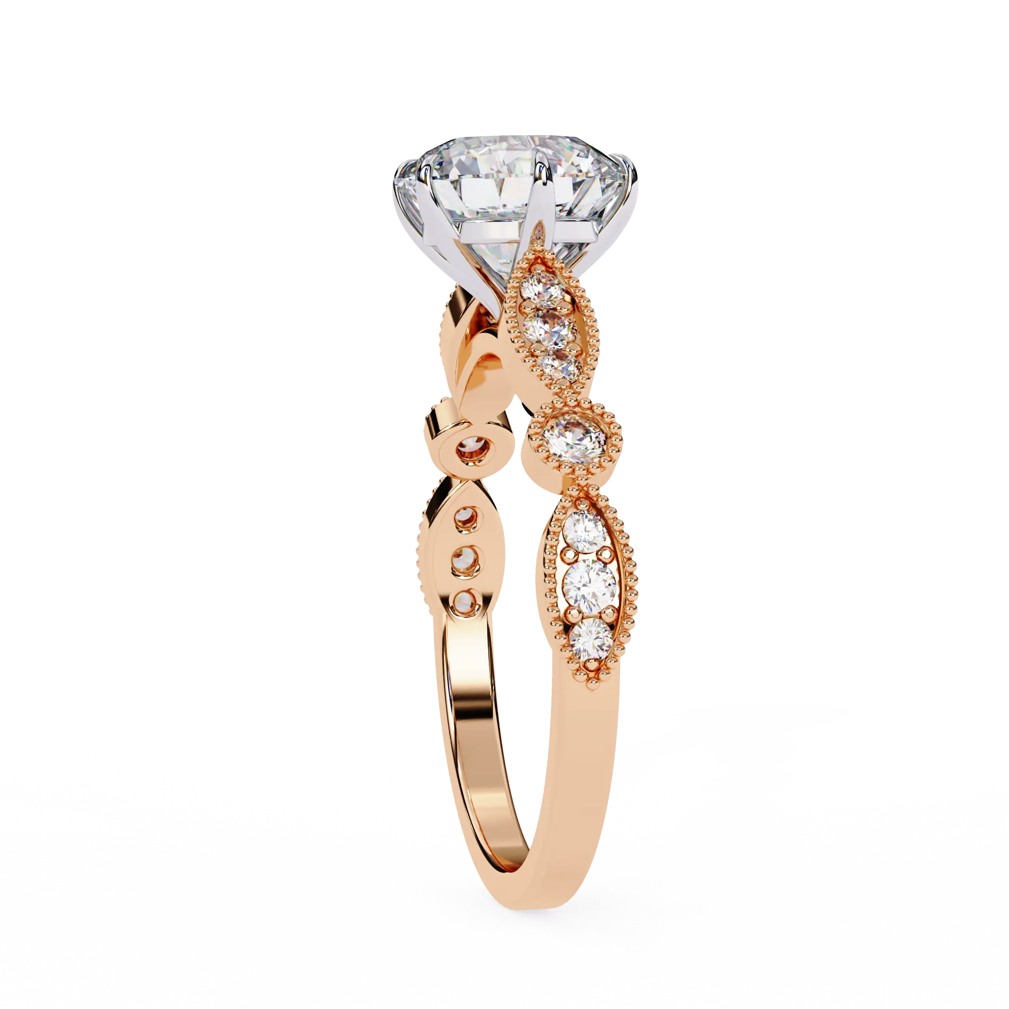 Rose gold ring with a large diamond and smaller diamonds on a white background