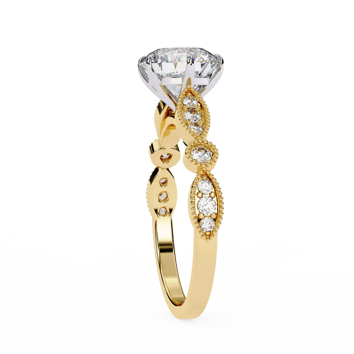 Gold ring with a diamond on a white background