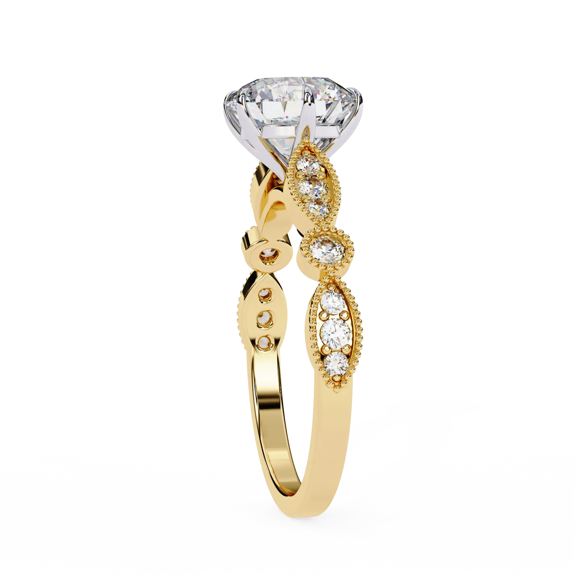 Gold ring with a diamond on a white background