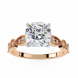 Rose gold ring with a large diamond and smaller diamonds on the band against a white background