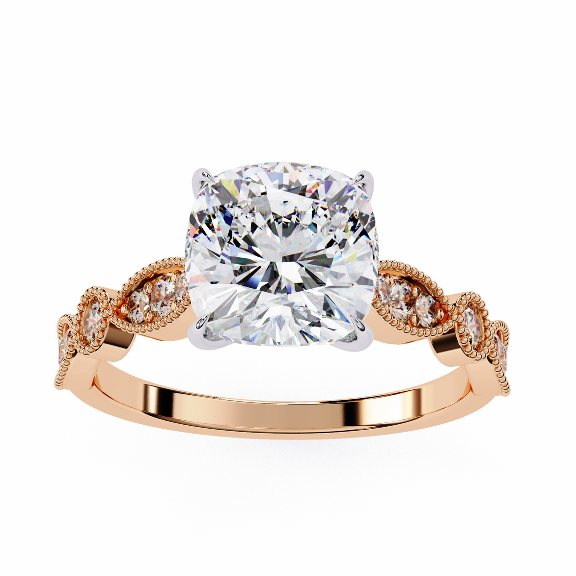 Rose gold ring with a large diamond and smaller diamonds on the band against a white background