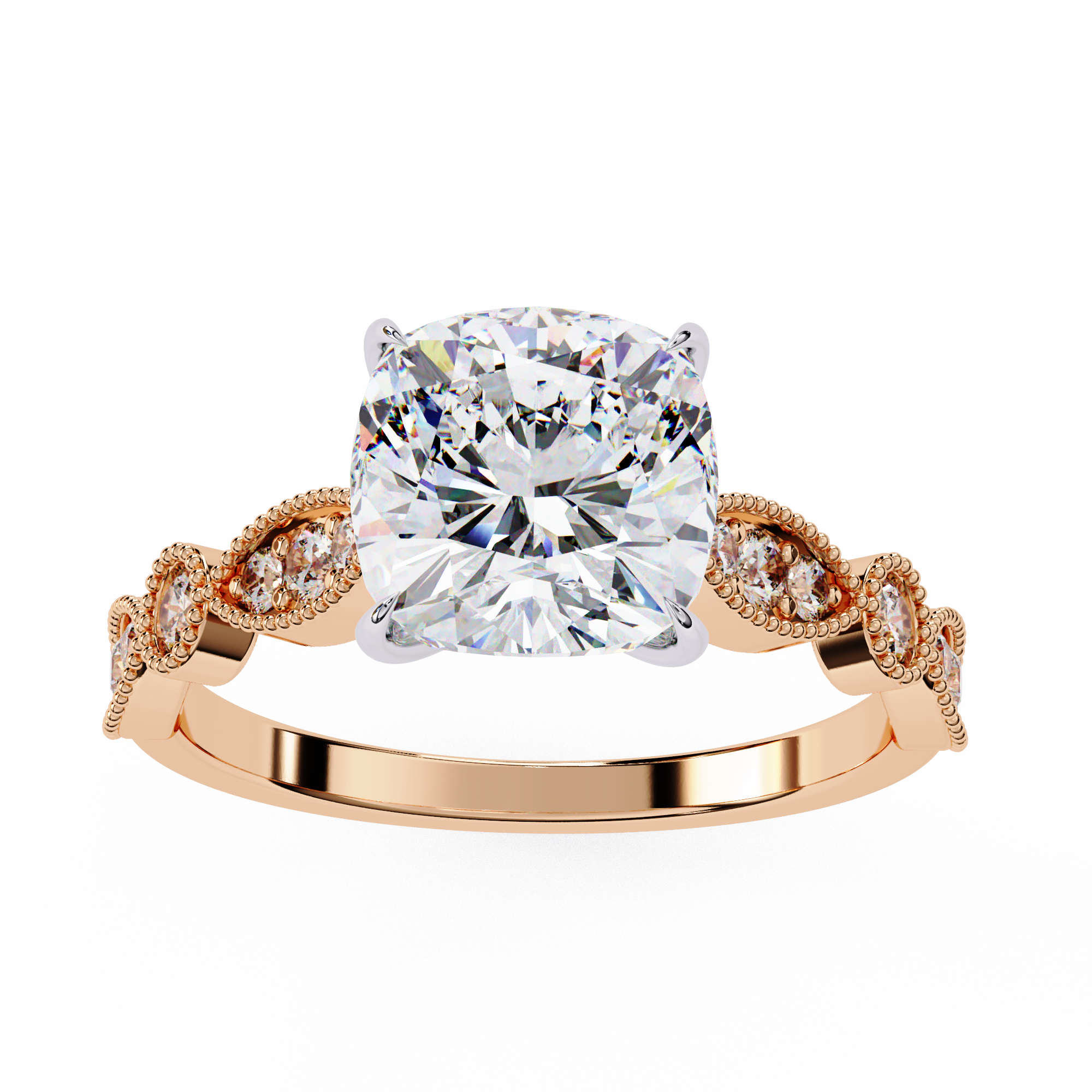 Rose gold ring with a large diamond and smaller diamonds on the band against a white background