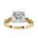 Gold ring with a large diamond and smaller diamonds on the band against a white background