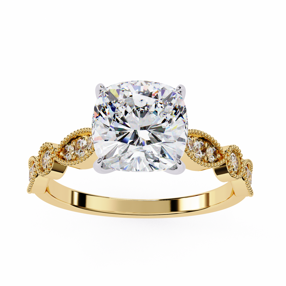 Gold ring with a large diamond and smaller diamonds on the band against a white background