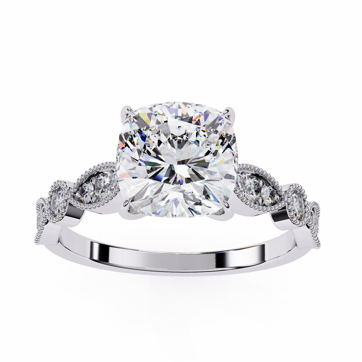 Diamond ring with a large central gemstone and smaller stones on a white background