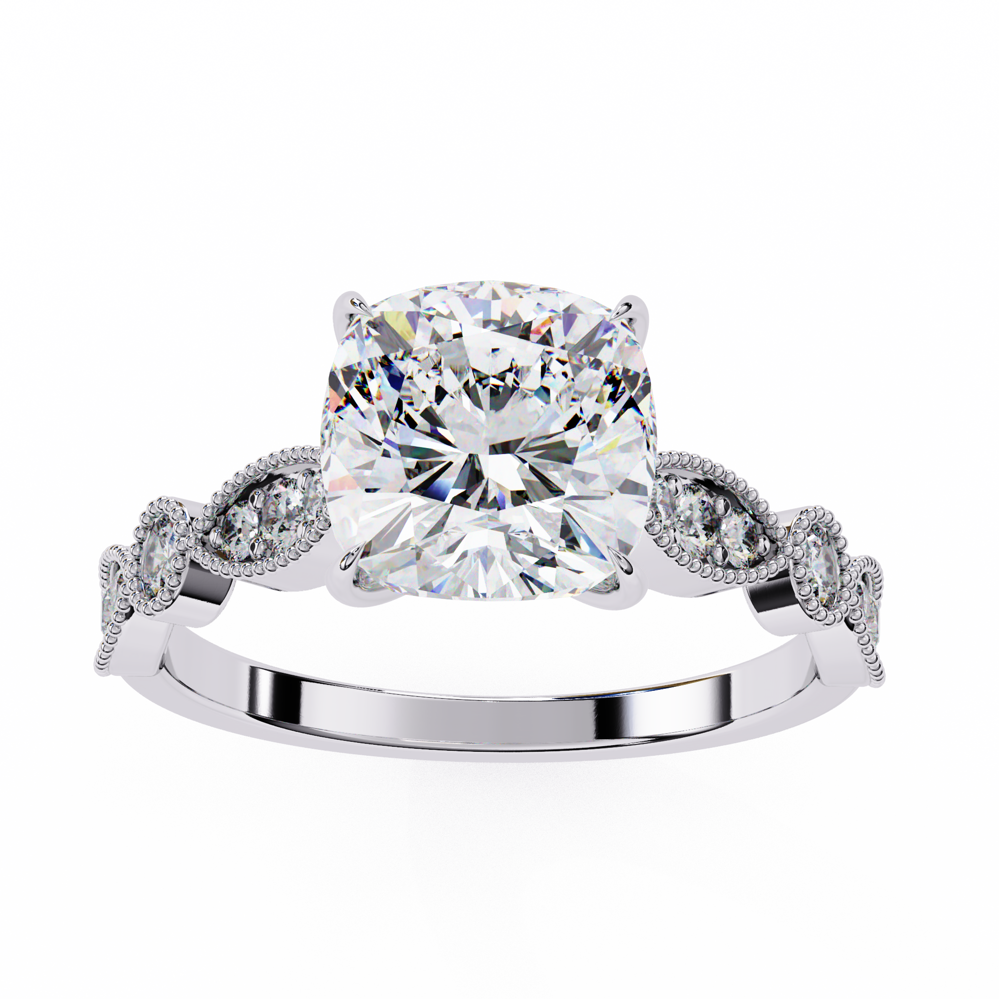 Diamond ring with a large central gemstone and smaller stones on a white background