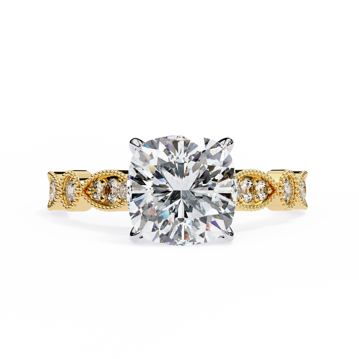 Gold ring with a large diamond on a white background