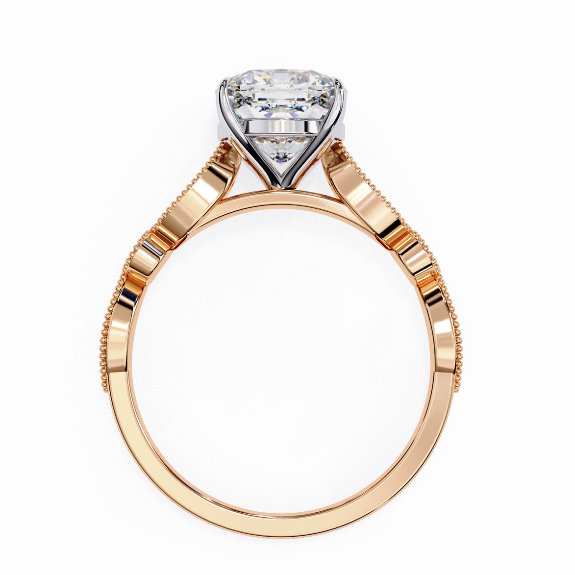 Rose gold ring with a diamond on a white background