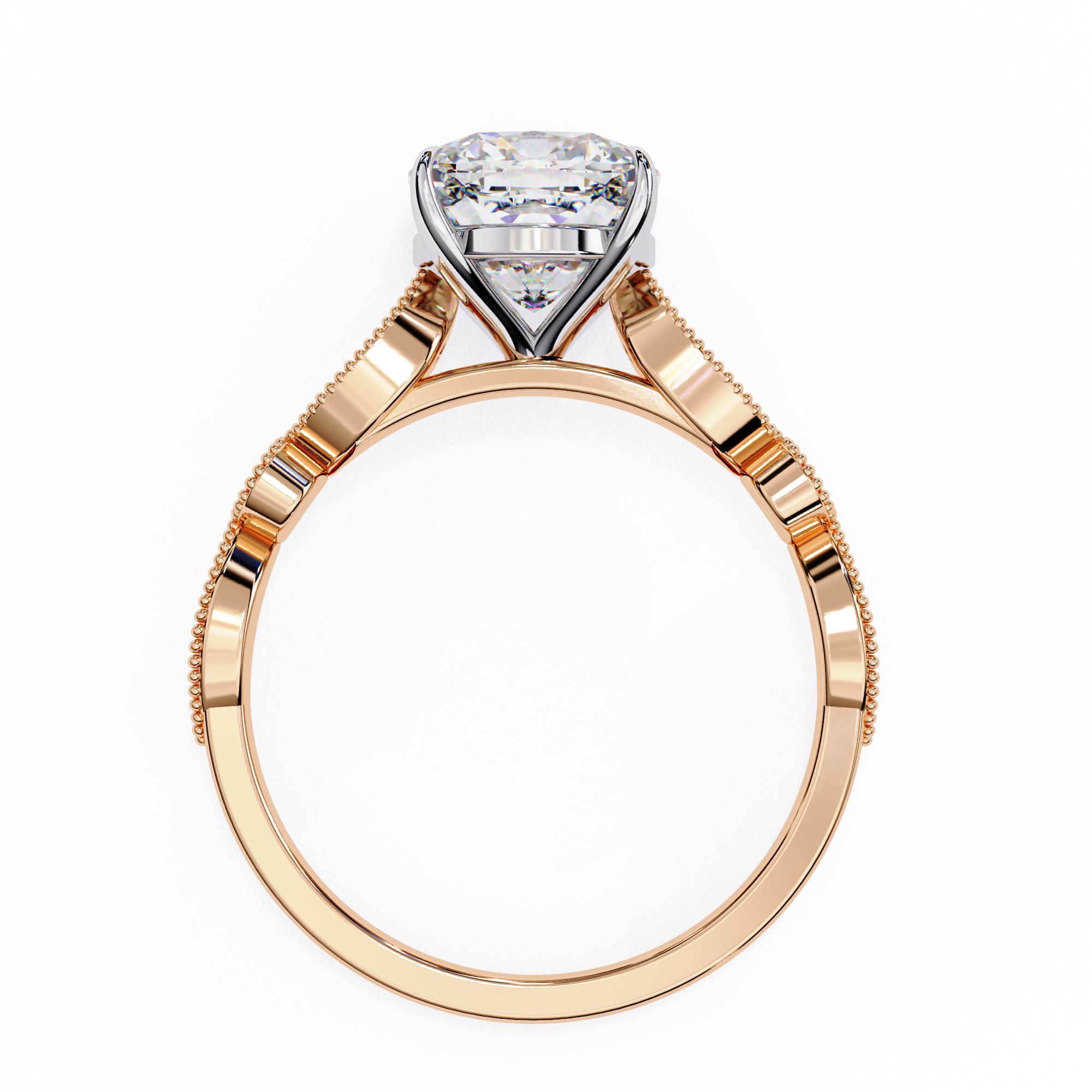 Rose gold ring with a diamond on a white background