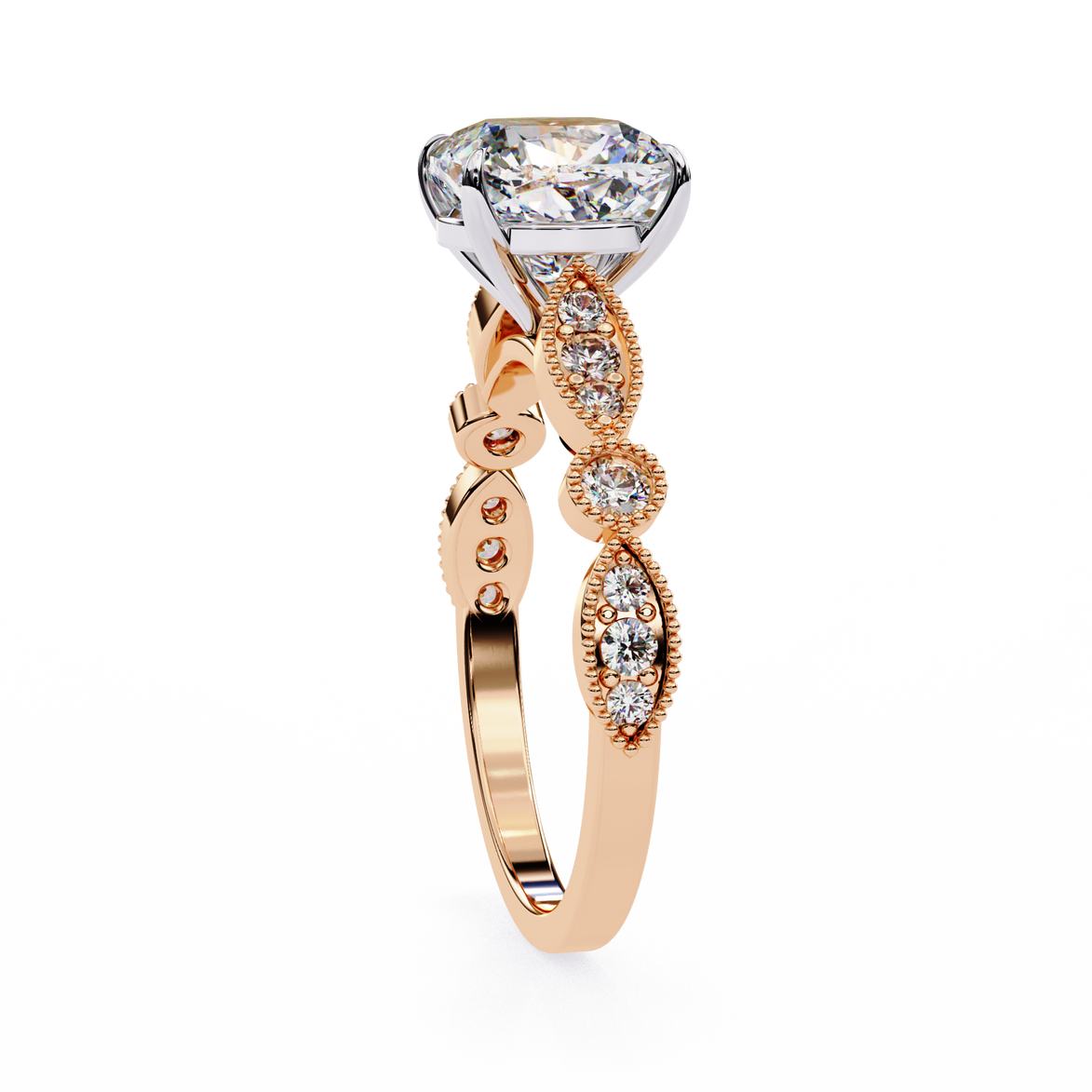 Rose gold ring with a large diamond and smaller diamonds on a white background