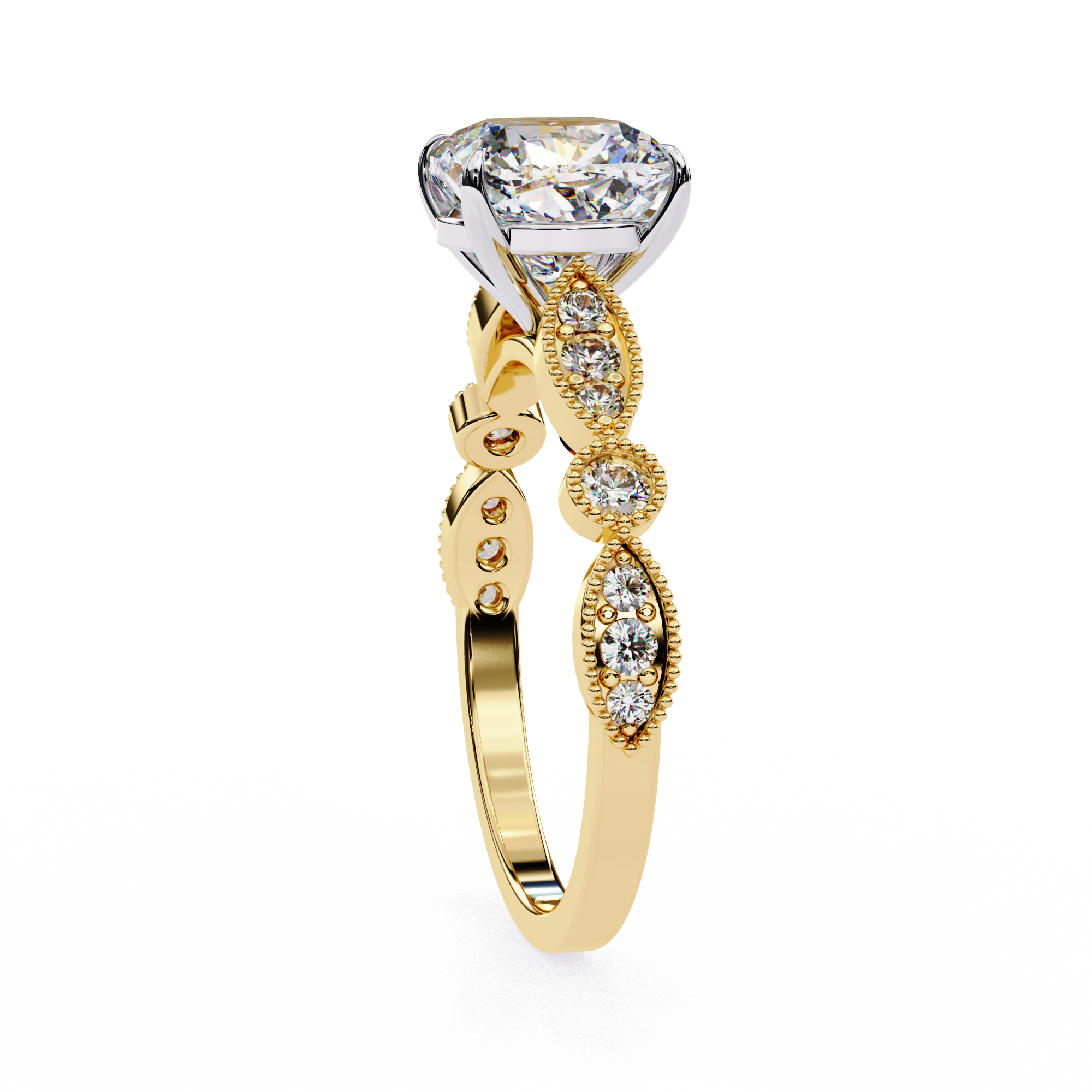 Gold ring with a diamond on a white background