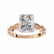 Rose gold ring with a large diamond and smaller diamonds on the band against a white background