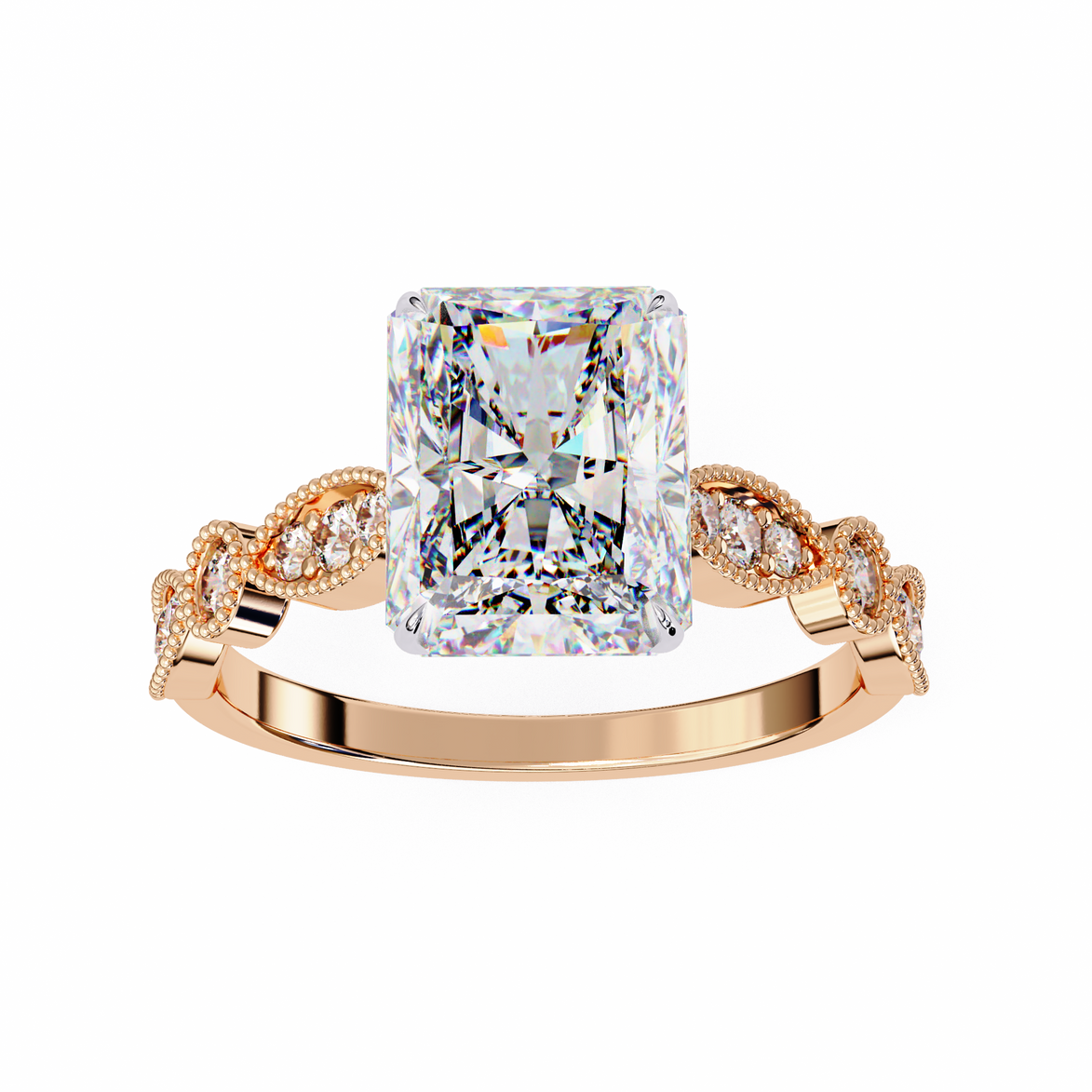 Rose gold ring with a large diamond and smaller diamonds on the band against a white background