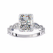 Diamond ring with a large central gemstone and smaller stones on the sides against a white background
