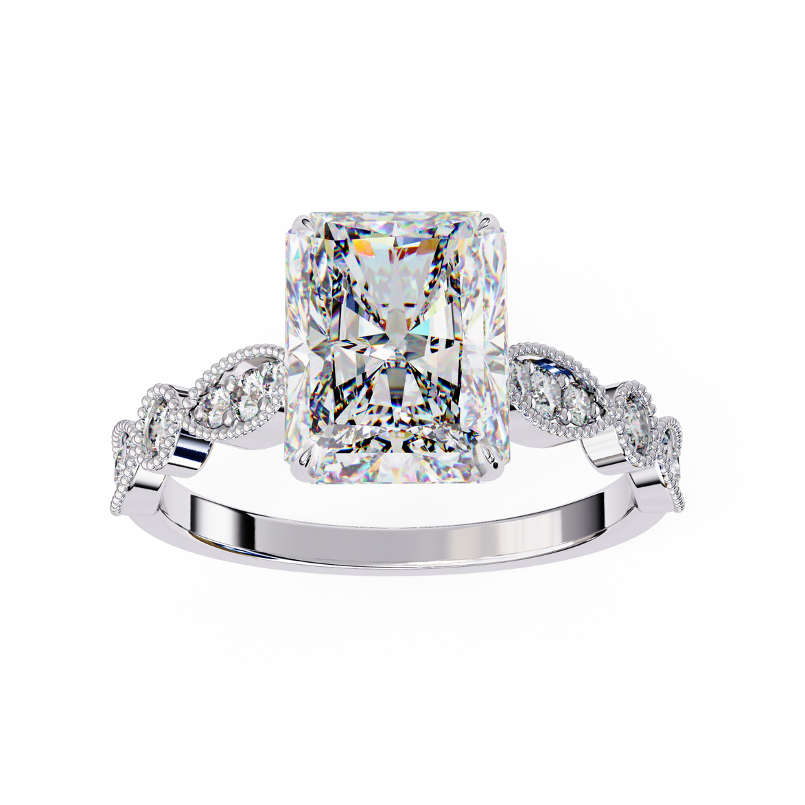 Diamond ring with a large central gemstone and smaller stones on the sides against a white background