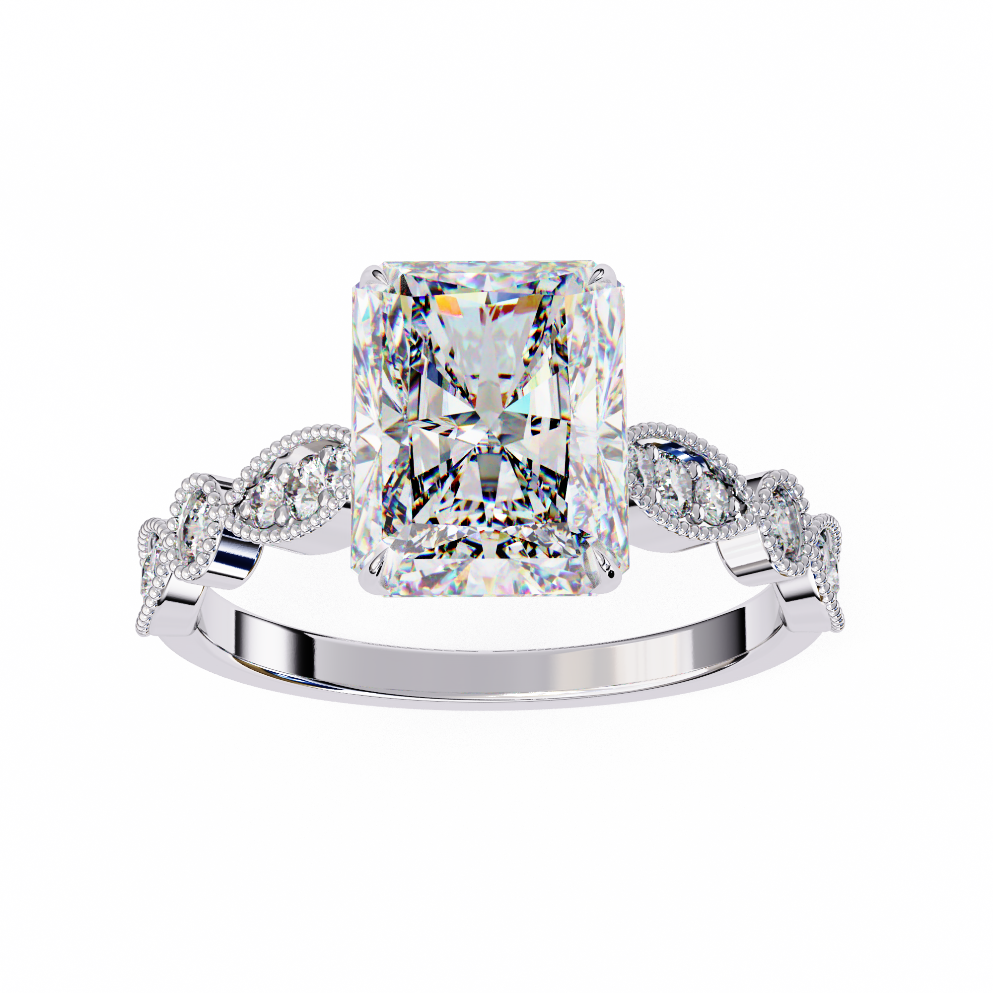 Diamond ring with a large central gemstone and smaller stones on the sides against a white background