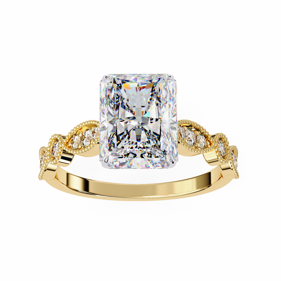 Gold ring with a large diamond and smaller diamonds on the band against a white background