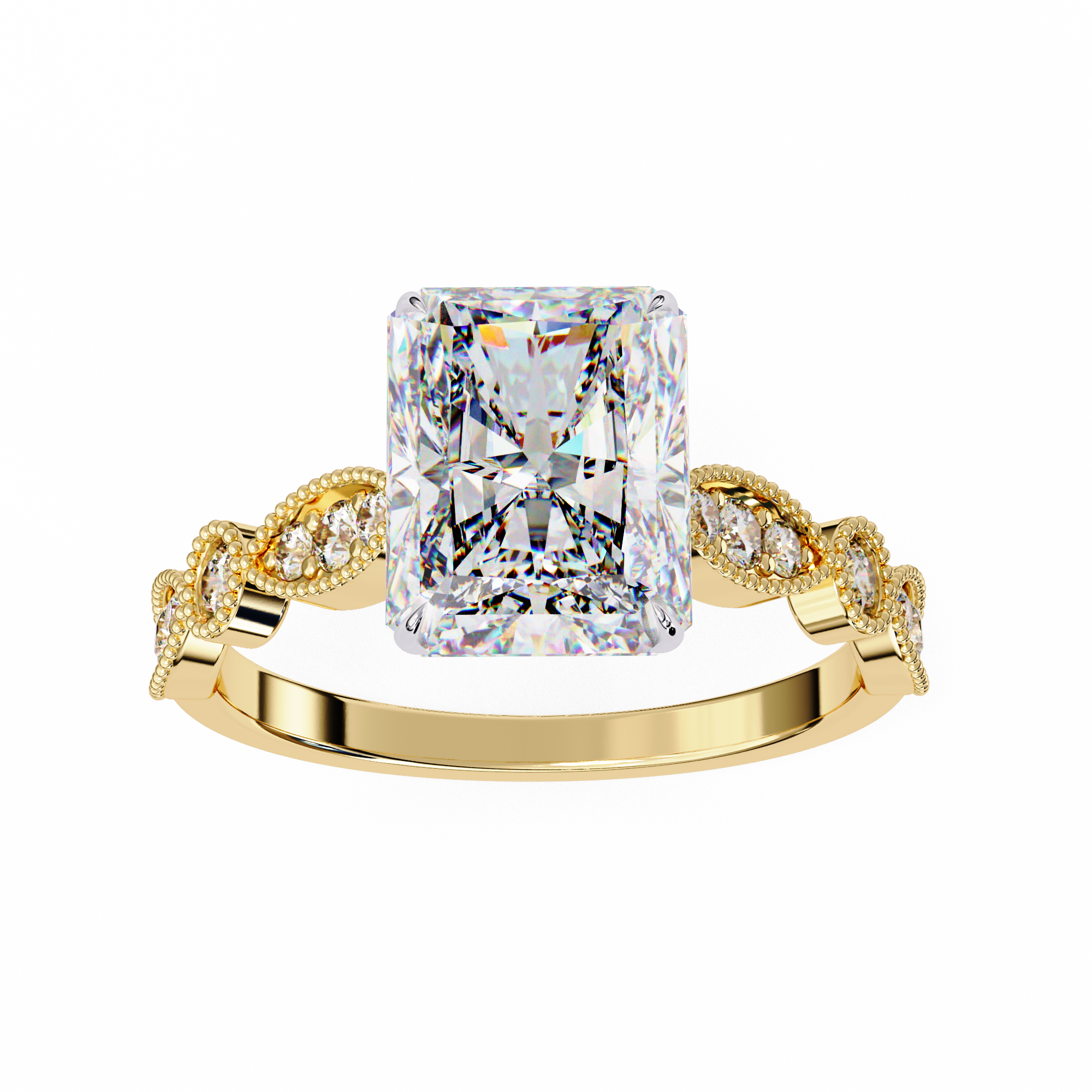 Gold ring with a large diamond and smaller diamonds on the band against a white background