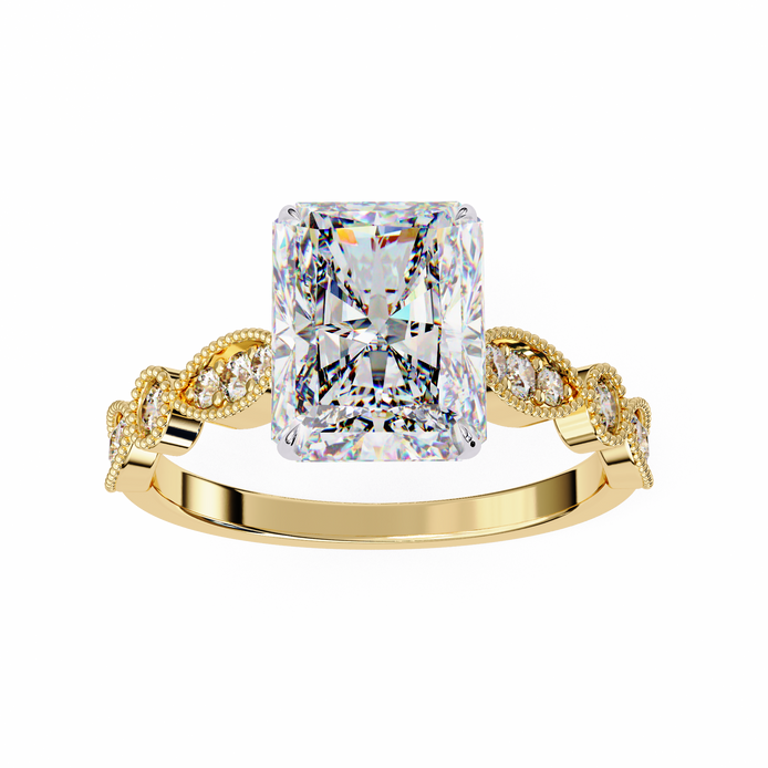 Gold ring with a large diamond and smaller diamonds on the band against a white background