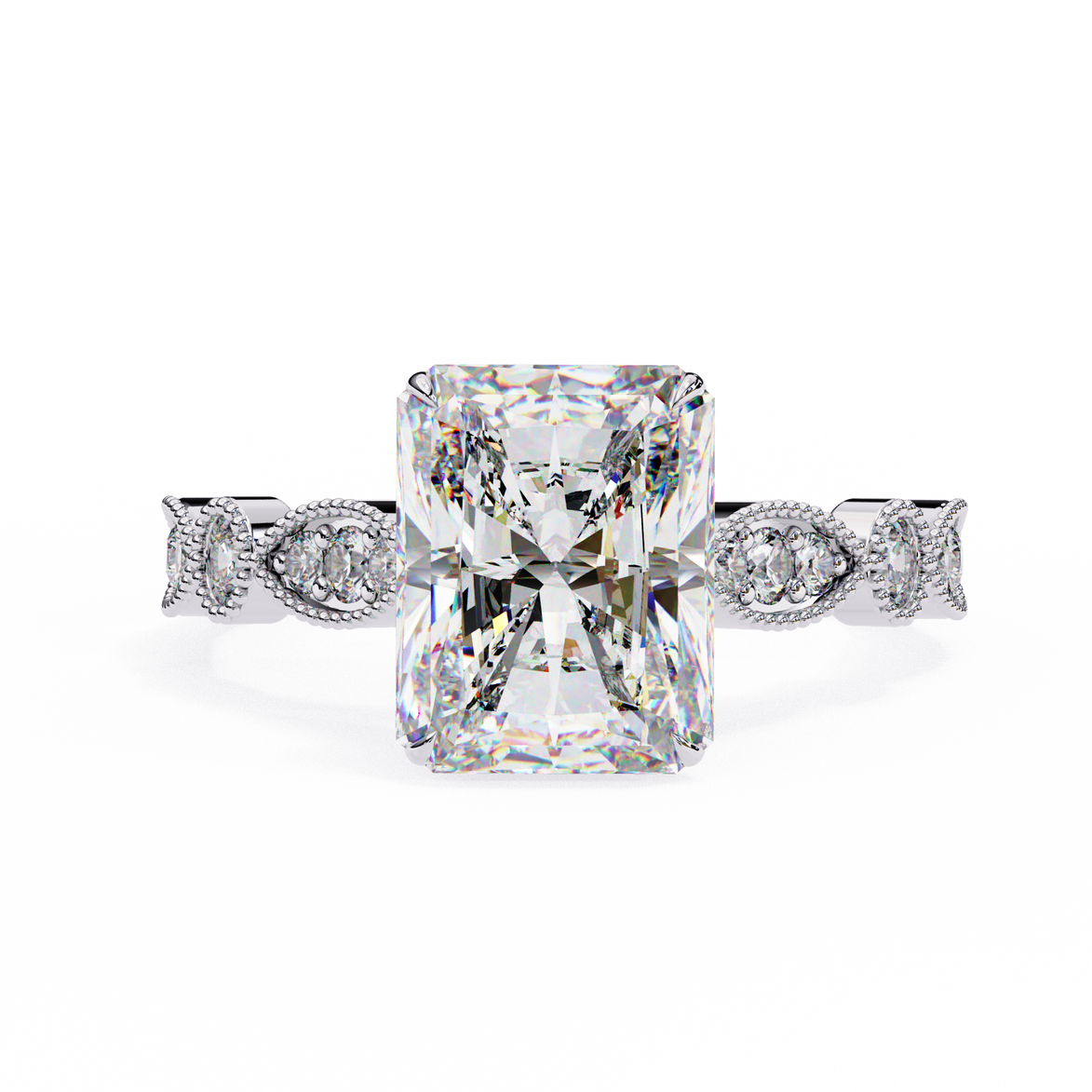 Diamond ring with a large central gemstone and smaller stones on a white background