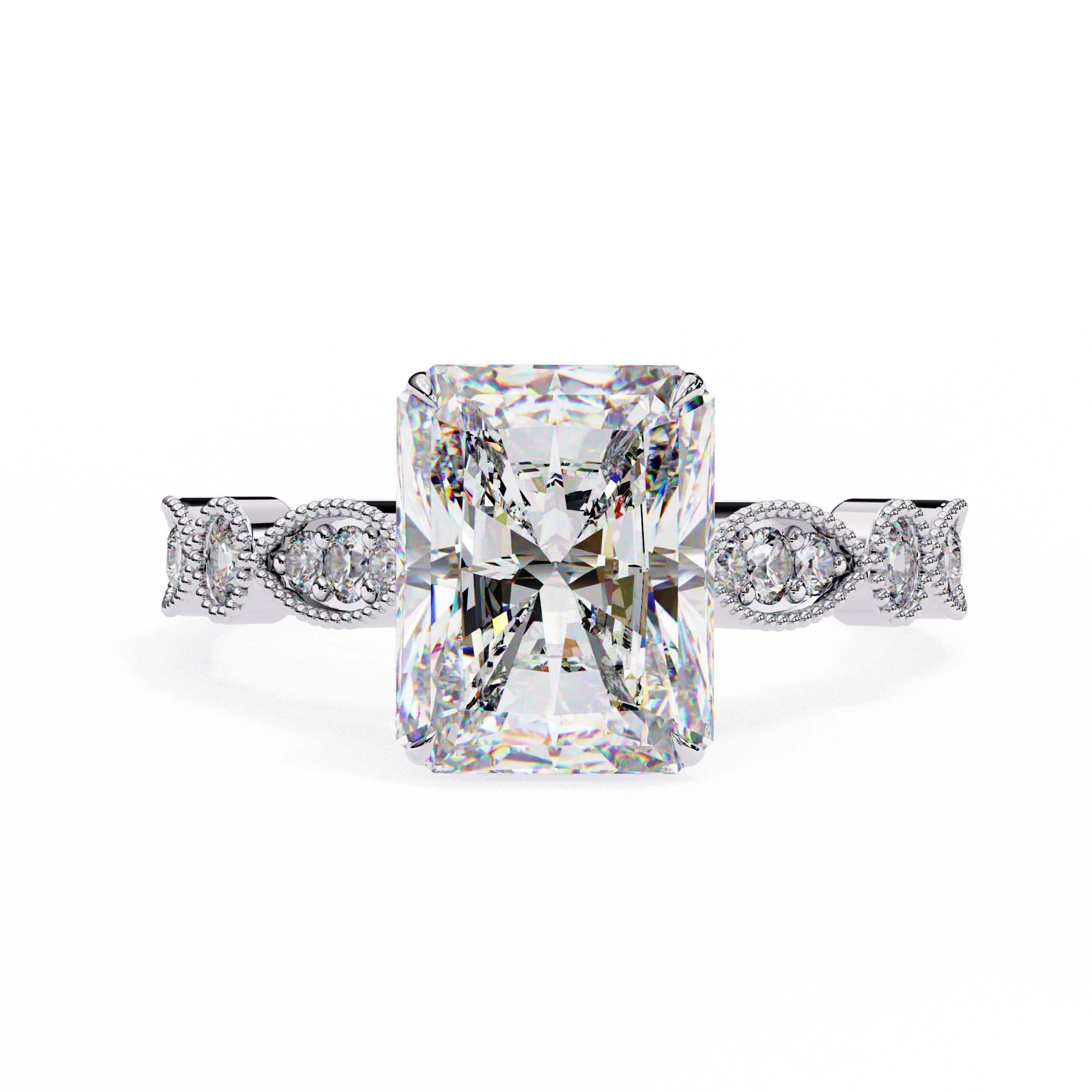 Diamond ring with a large central gemstone and smaller stones on a white background
