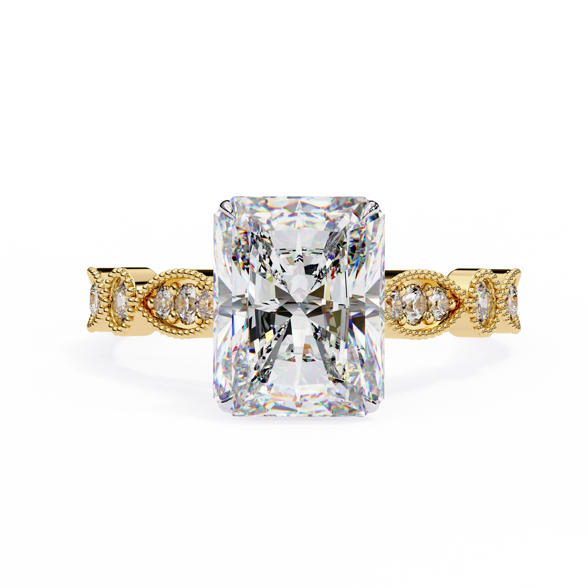 Gold ring with a large diamond and smaller diamonds on the band against a white background