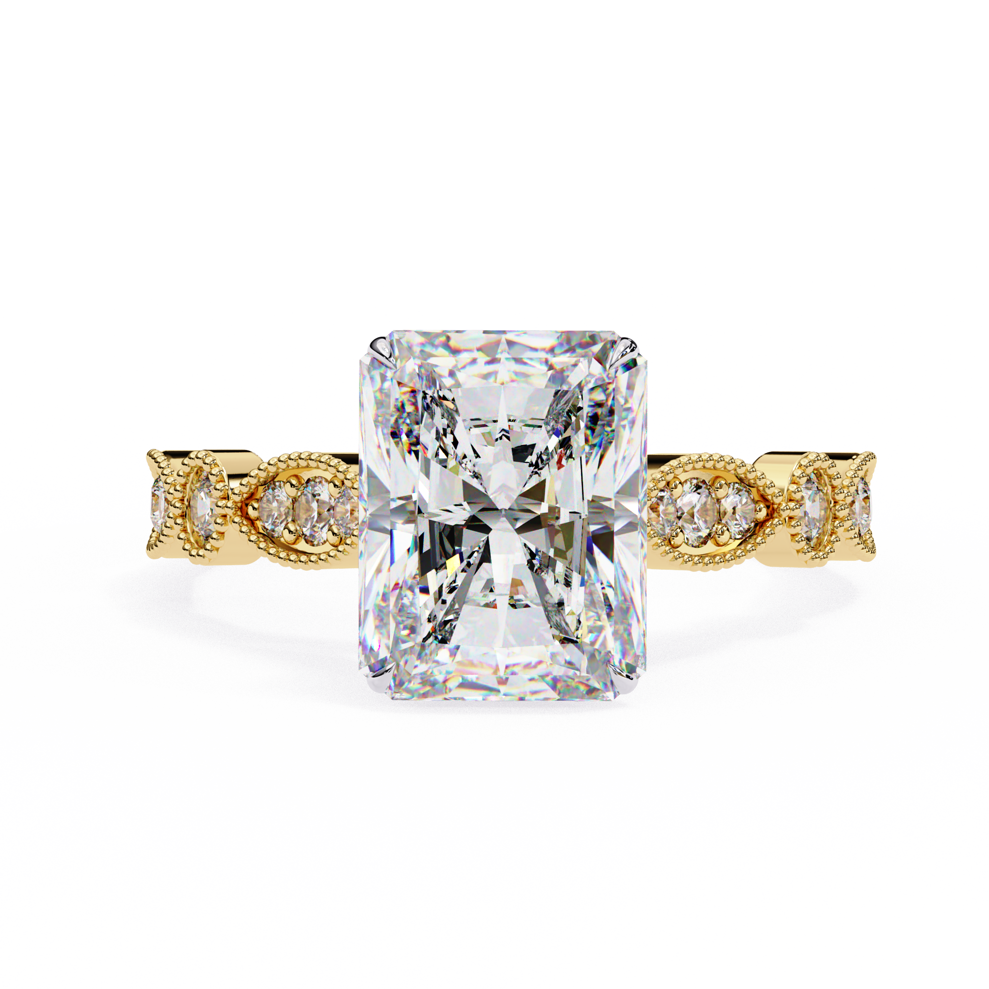 Gold ring with a large diamond and smaller diamonds on the band against a white background