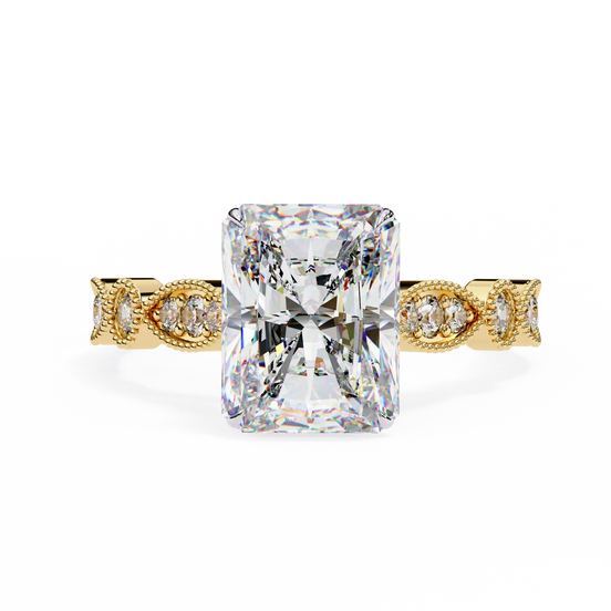Gold ring with a large diamond and smaller diamonds on the band against a white background