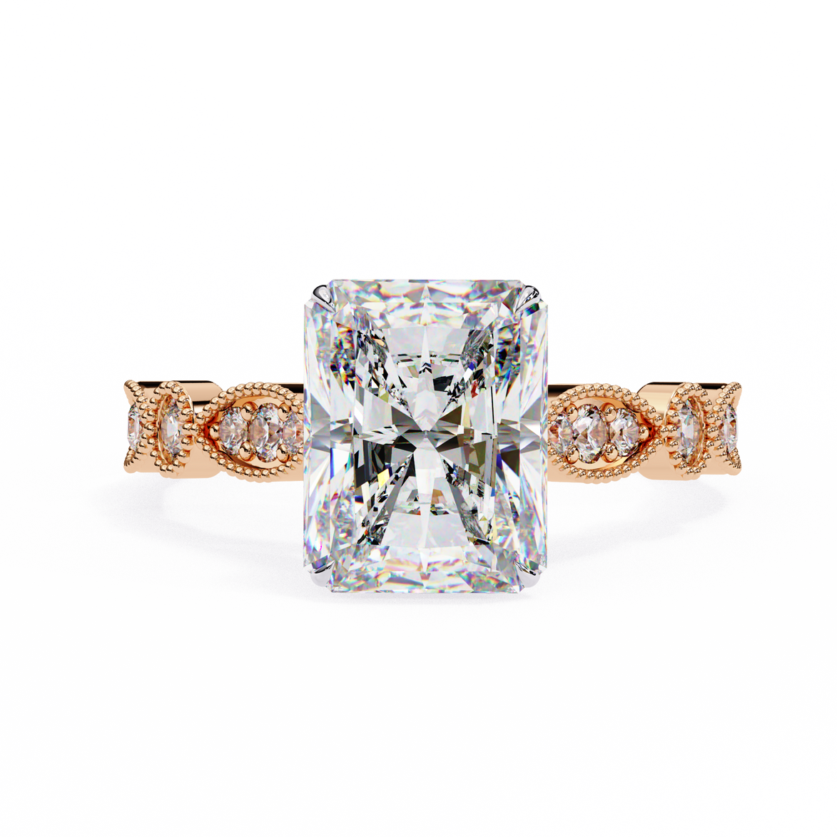 Diamond ring with rose gold band on a white background