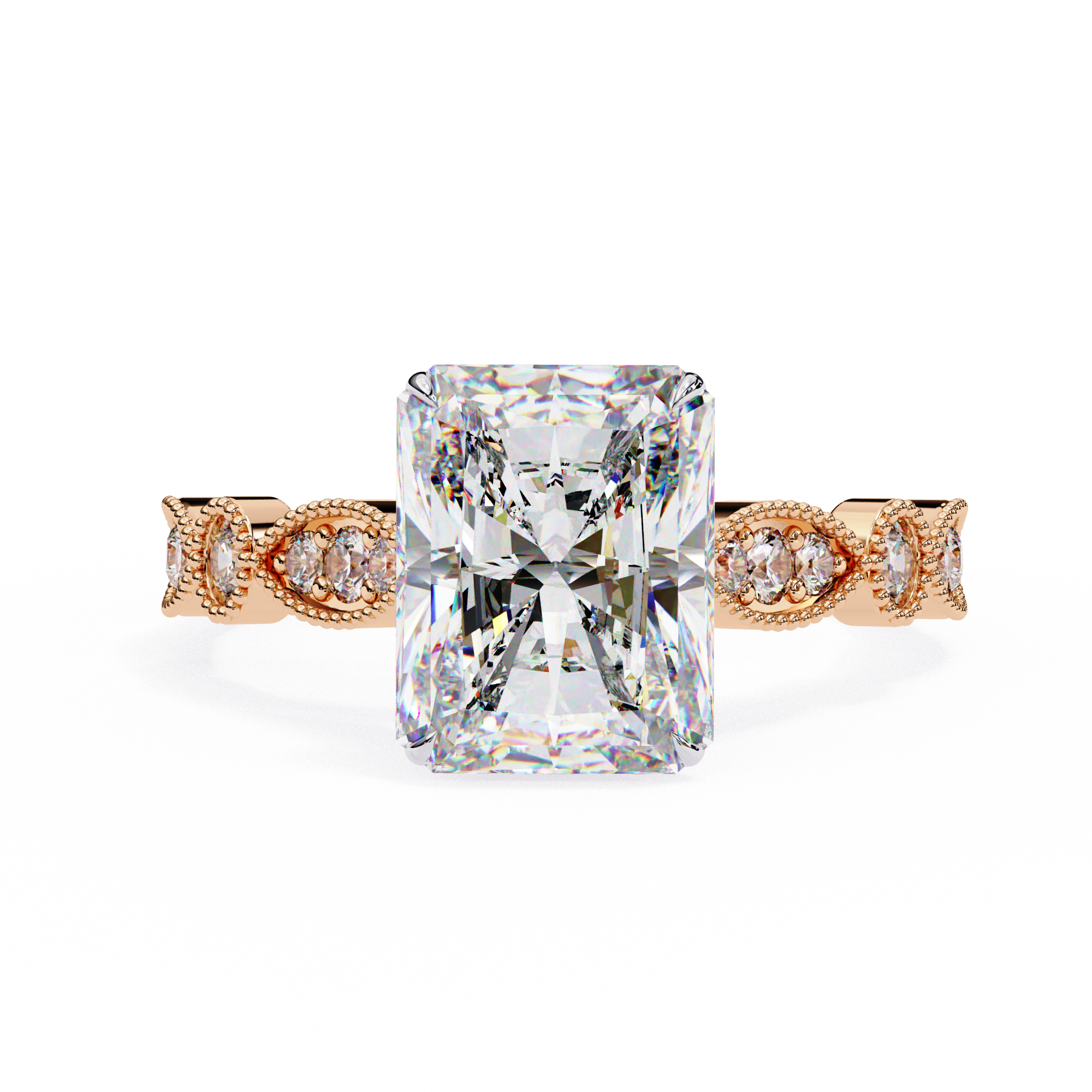Diamond ring with rose gold band on a white background