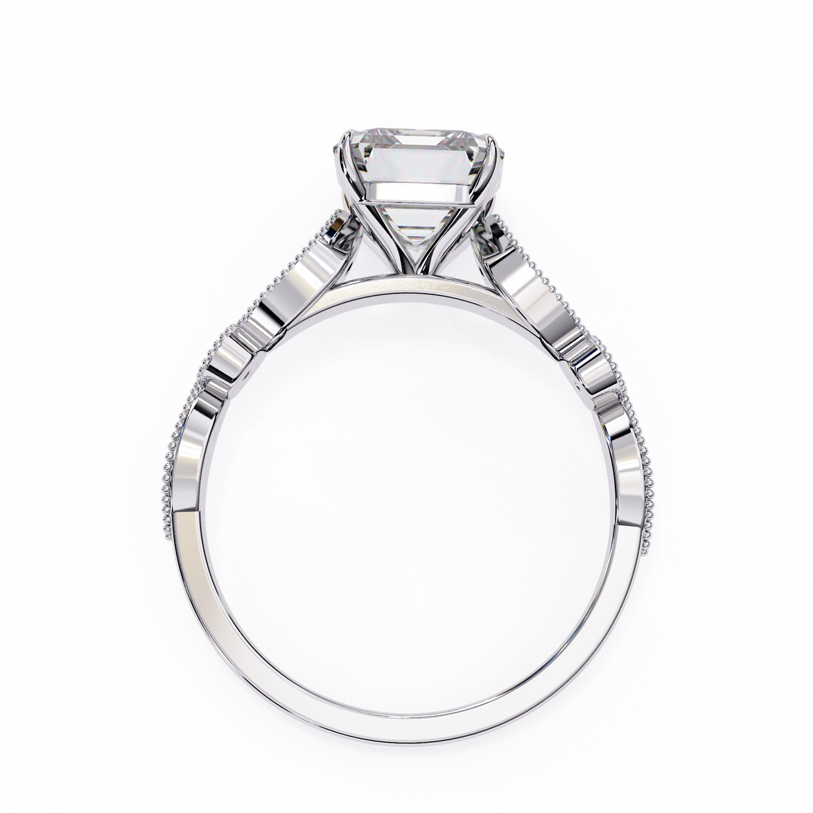 Diamond ring with a white gemstone on a white background