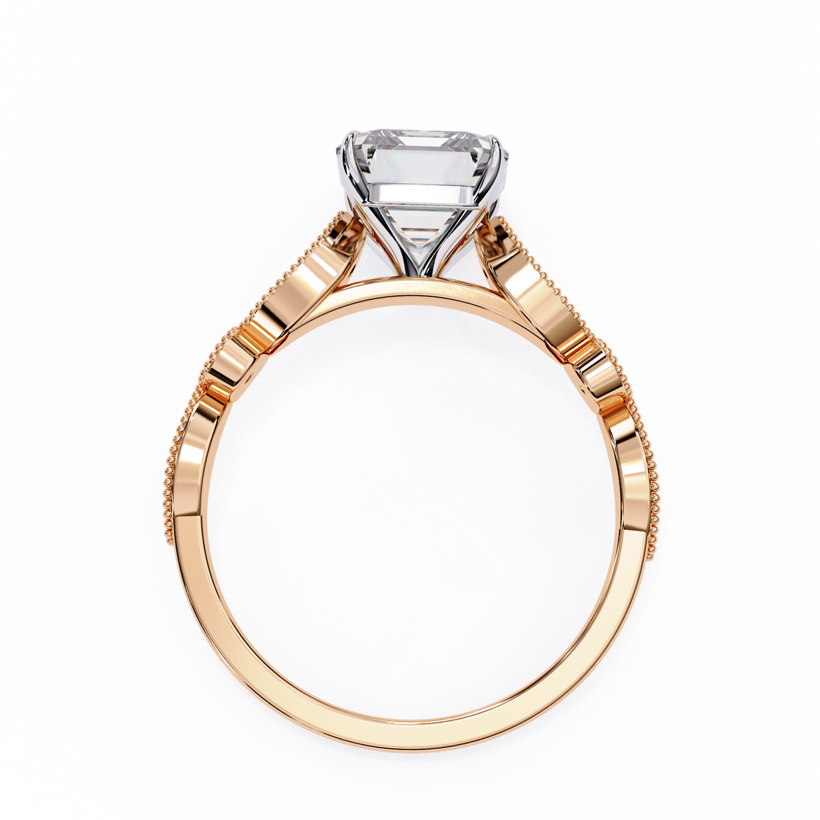 Rose gold ring with a diamond on a white background