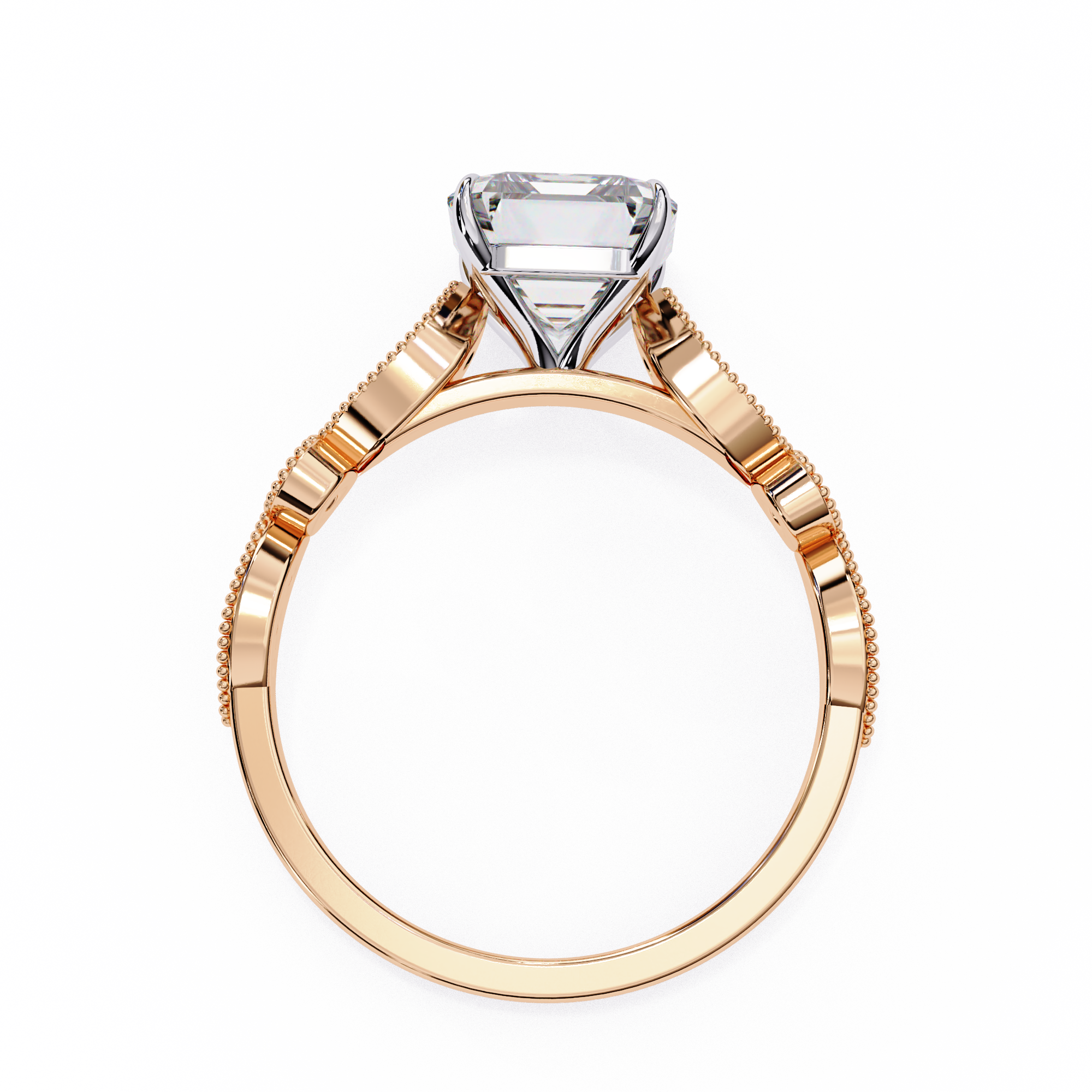 Rose gold ring with a diamond on a white background