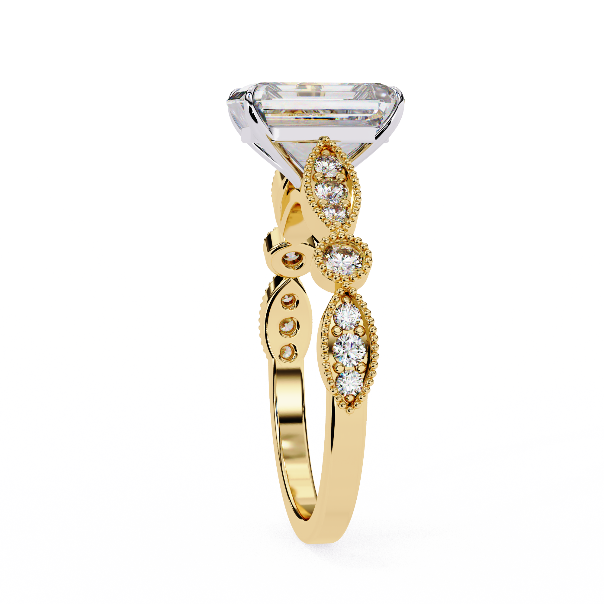 Gold ring with a diamond on a white background