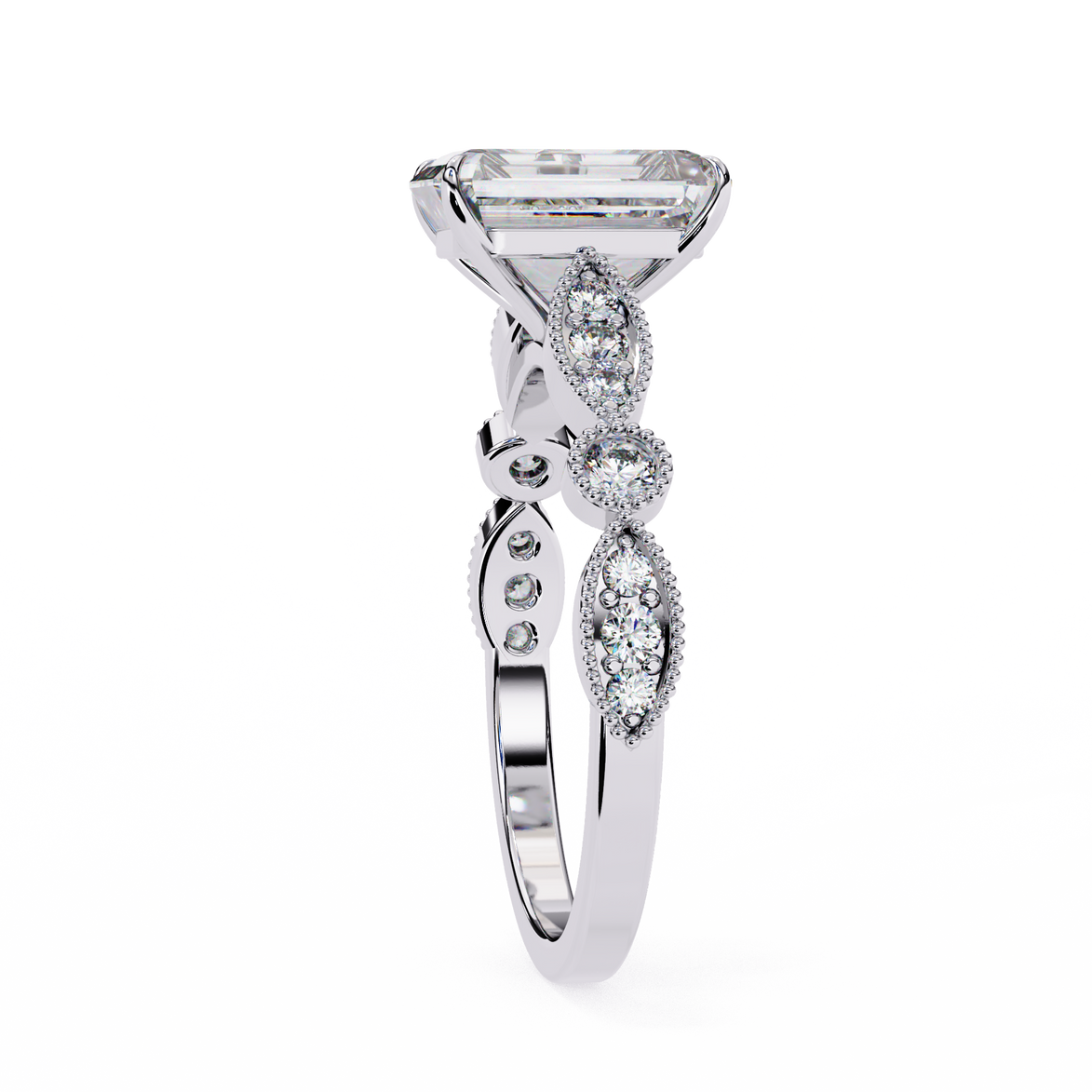 Silver ring with a diamond on a white background
