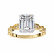 Gold ring with a large emerald-cut diamond and smaller diamonds on the band against a white background