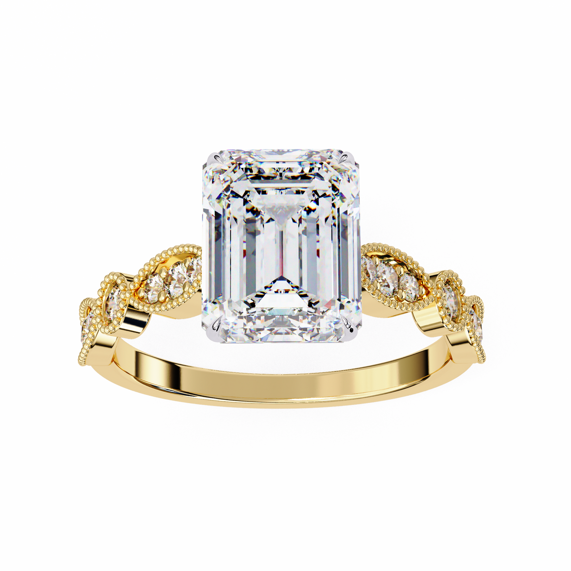 Gold ring with a large emerald-cut diamond and smaller diamonds on the band against a white background