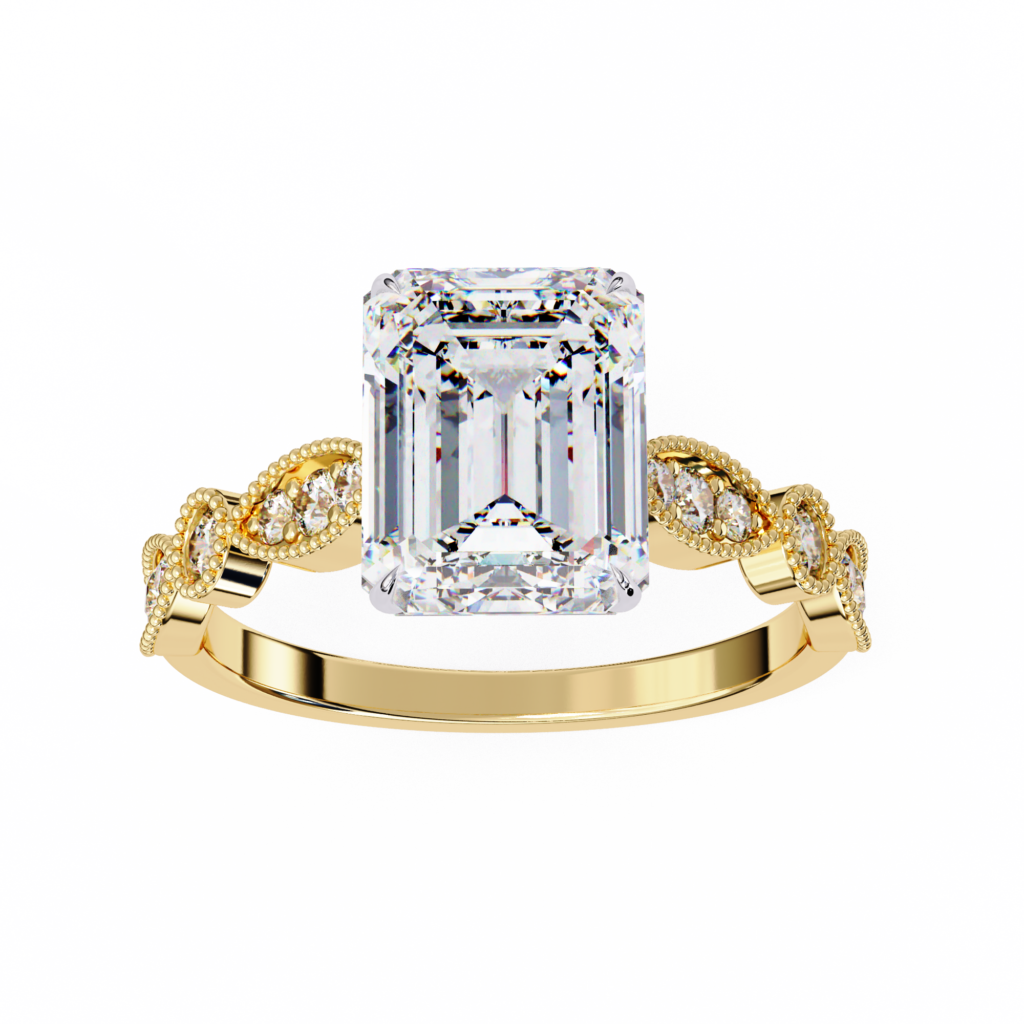 Gold ring with a large emerald-cut diamond and smaller diamonds on the band against a white background